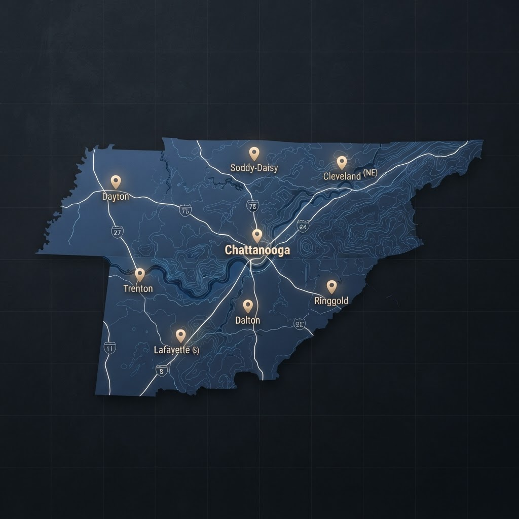 Map of the Chattanooga, TN and North Georgia service area with city markers